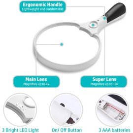 5.5 Inch Extra Large Led Handheld Magnifying Glass With Light - 2x 4x 10x  Lens - Best Jumbo Size Illuminated Reading Magnifier Compatible With Books
