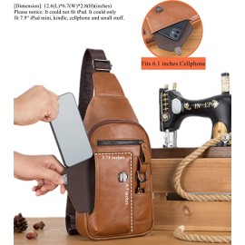 BULLCAPTAIN Genuine Leather Sling Bag for Men Crossbody with Cellphone Stand Chest Chain Shoulder Backpack (Brown)
