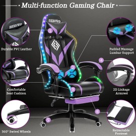Geepro Gaming Chair Massage with LED RGB Lights and Footrest Ergonomic Computer Chair
