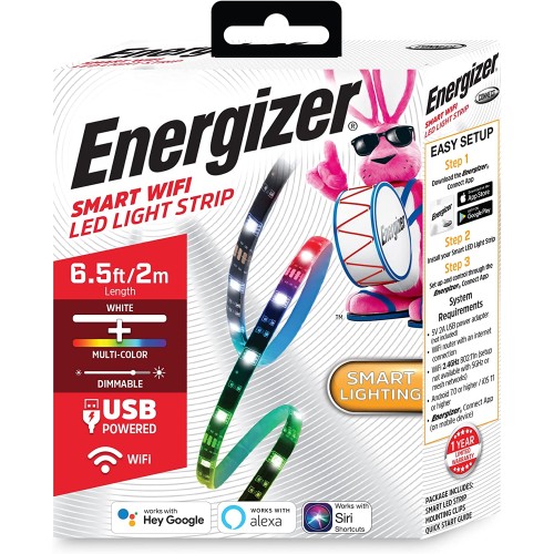 Energizer Connect Smart Wi-Fi Dimmable Bright White And Multicolor Led Light Strip, 6.56 Feet