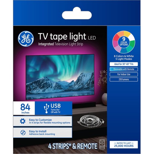 GE LED TV Tape Light, 9 Color Options, 5 Light Modes, 84 Inches, 4 Light Strips