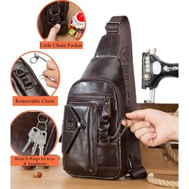 BULLCAPTAIN Genuine Leather Sling Bag for Men Crossbody with Cellphone Stand Chain Chest Shoulder Backpack (Coffee)