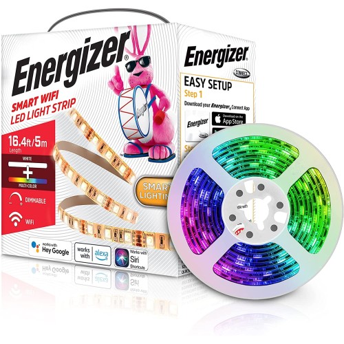 Energizer Smart Wi-Fi LED Light Strip, 16.4ft, Multi-Color and Single White, with App, Compatible with Alexa, Google Assistant and Siri, Customizable, Kitchen, Bedroom, Office, Monitor Backlighting