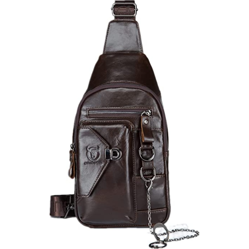 BULLCAPTAIN Genuine Leather Sling Bag for Men Crossbody with Cellphone Stand Chain Chest Shoulder Backpack (Coffee)