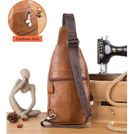 BULLCAPTAIN Genuine Leather Sling Bag for Men Crossbody with Cellphone Stand Chest Chain Shoulder Backpack (Brown)
