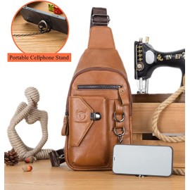 BULLCAPTAIN Genuine Leather Sling Bag for Men Crossbody with Cellphone Stand Chest Chain Shoulder Backpack (Brown)