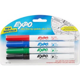 EXPO 1871133 Low-Odor Dry Erase Markers, Ultra Fine Tip, Assorted Colors, 4-Count