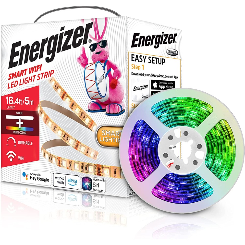 Energizer Smart Wi-Fi LED Light Strip, 16.4ft, Multi-Color and Single White, with App, Compatible with Alexa, Google Assistant and Siri, Customizable, Kitchen, Bedroom, Office, Monitor Backlighting