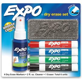 Expo Low Odor Dry Erase Marker Set with White Board Eraser and Cleaner | Chisel Tip Dry Erase Markers | Assorted Colors, 6-Piece Set with Whiteboard Cleaner