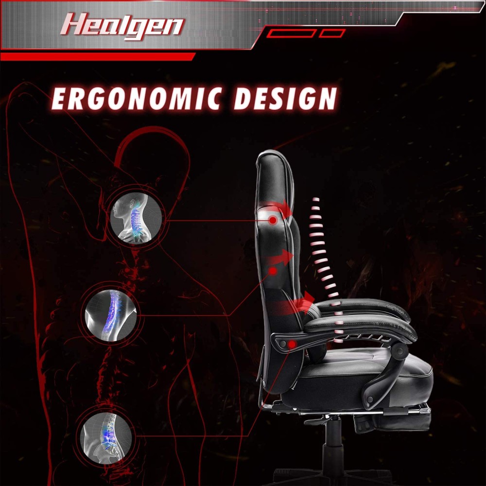 HEALGEN Gaming Chair with Footrest Gamer Chair with Massage Lumbar Support PU Leather Computer Chair Ergonomic Chair Video Game Chairs Gaming Chair for Adults HGG 2011122