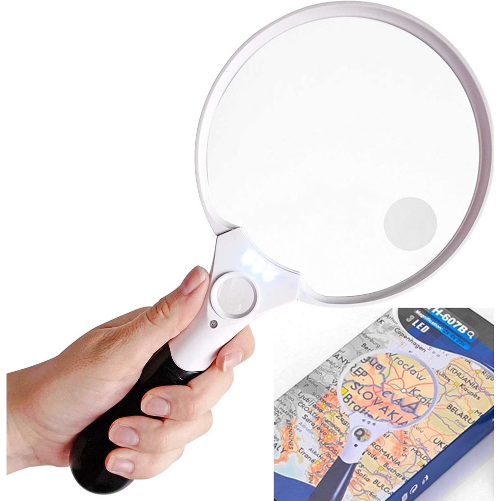 Magnifying Glass with Light | Large 5.5 Inch Handheld LED Glass Illuminated Lighted Magnifier | 2X 5X 20x Magnifying Glass for Seniors, Jewelers, Macular Degenaration, Reading, Inspection, Jewelry