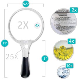 Magnifying Glass with Light | Large 5.5 Inch Handheld LED Glass Illuminated Lighted Magnifier | 2X 5X 20x Magnifying Glass for Seniors, Jewelers, Macular Degenaration, Reading, Inspection, Jewelry