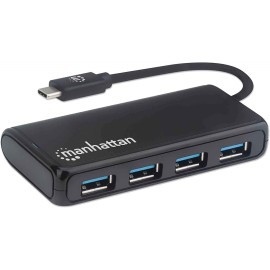 Manhattan 164924 4-Port USB 3.2 Gen 1 Hub USB-C Male to 4x USB A Female 5Gbps Data Transfer Rates USB Powered Black