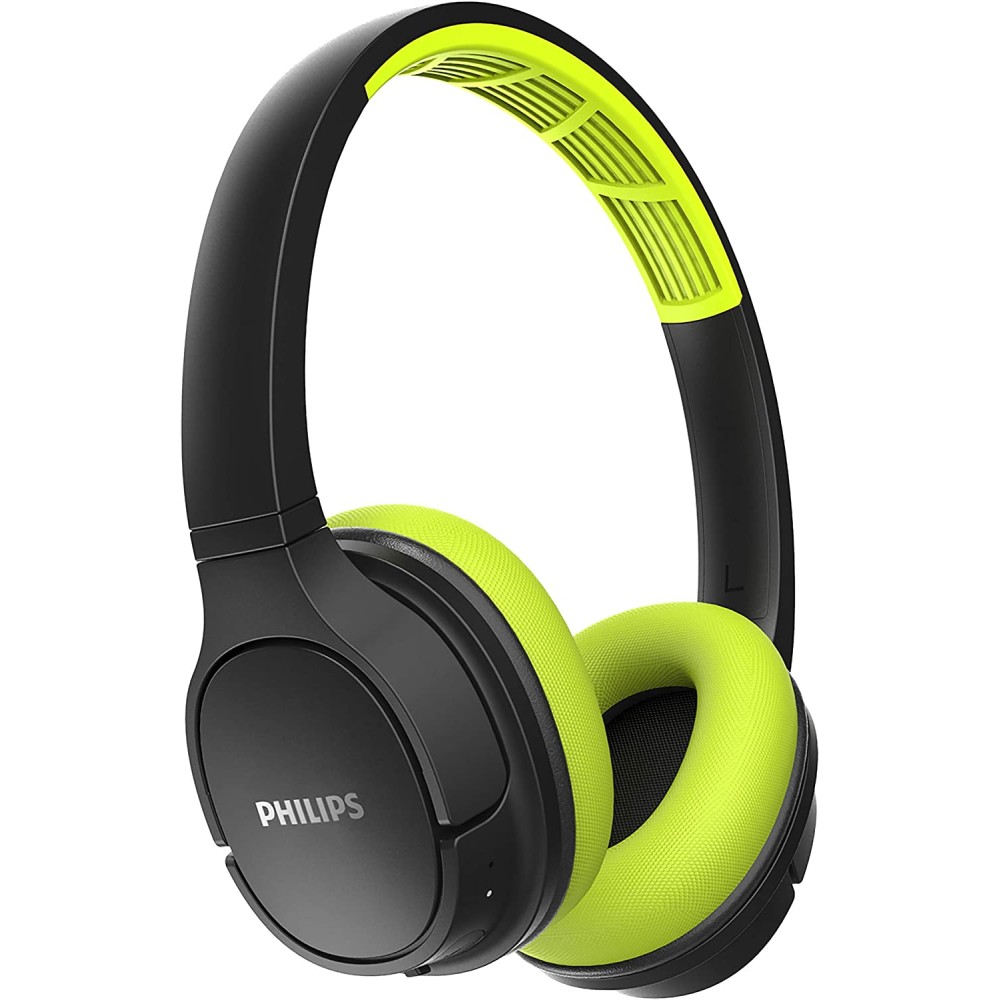 Philips ActionFit SH402 Wireless Bluetooth Headphones, IPX4 Splash-Resistance, Up to 20 hours of Play time, Echo Cancellation, Quick Charge, Smart Pairing and Cooling Earcups - Black/Green (TASH402LF)