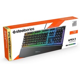 SteelSeries Apex 3 RGB Gaming Keyboard 10-Zone RGB Illumination – IP32 Water Resistant (Whisper Quiet Gaming Switch)