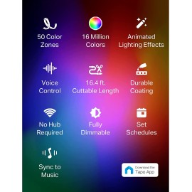 TP-Link Tapo Smart LED Light Strip, 50 Color Zones RGBIC, Sync-to-Sound, 16.4ft Wi-Fi LED Strip