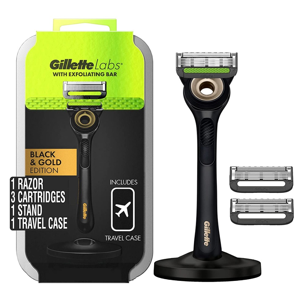 Gillette Razor for Men with Exfoliating Bar Gold Edition by GilletteLabs, Includes 1 Handle, 3 Razor Blade Refills