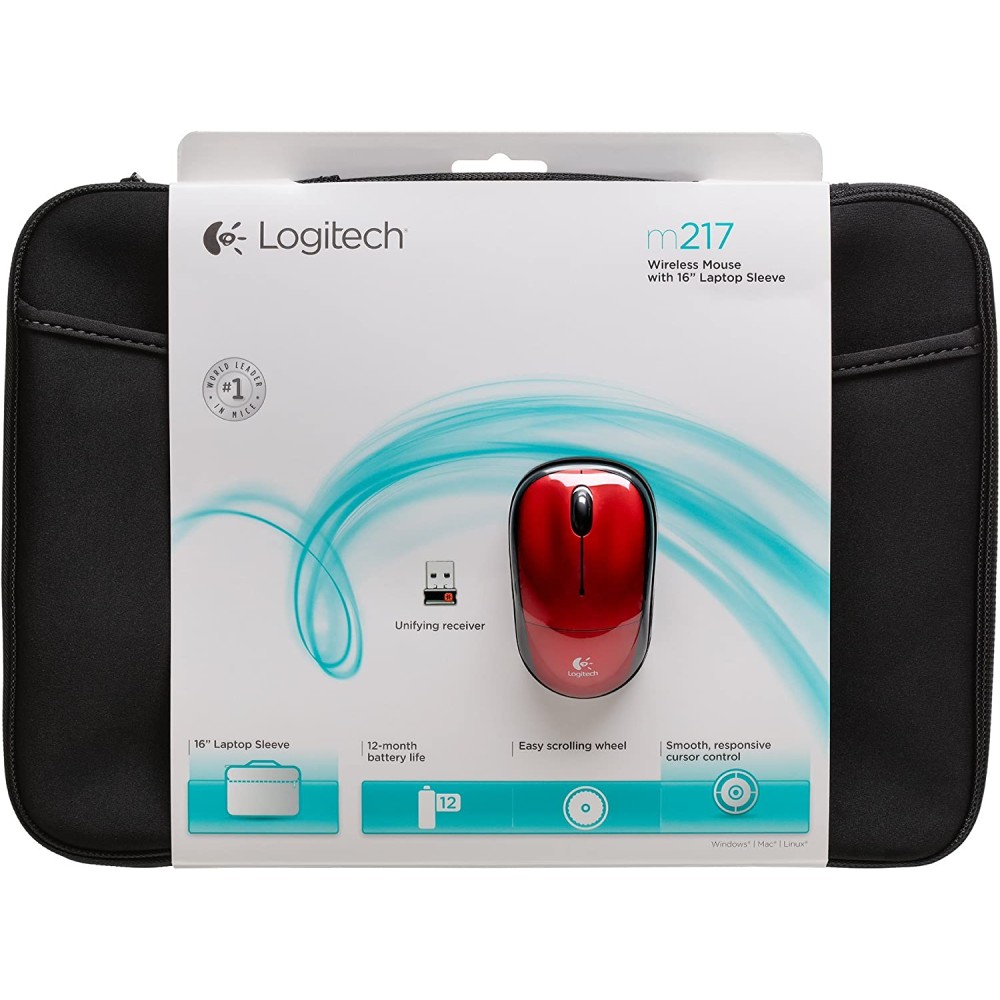 Logitech Bundle Wireless Mouse M217 – Red & 16” Sleeve