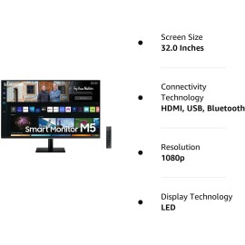 SAMSUNG 32" M50B Series FHD Smart Monitor w/Streaming TV, 4ms, 60Hz, HDMI, HDR10, Watch Netflix, YouTube and More, Slimfit Camera, IoT Hub, Mobile Connectivity, 2022, LS32BM502ENXGO, Black