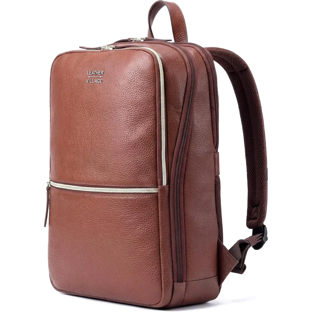 LEATHER VILLAGE Leather Laptop Backpack for Men with Trolley Strap 16L Slim