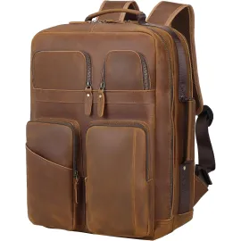TIDING Brown Full Grain Leather 17.3 in Laptop Travel Backpack for Men