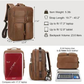 TIDING Brown Full Grain Leather 17.3 in Laptop Travel Backpack for Men
